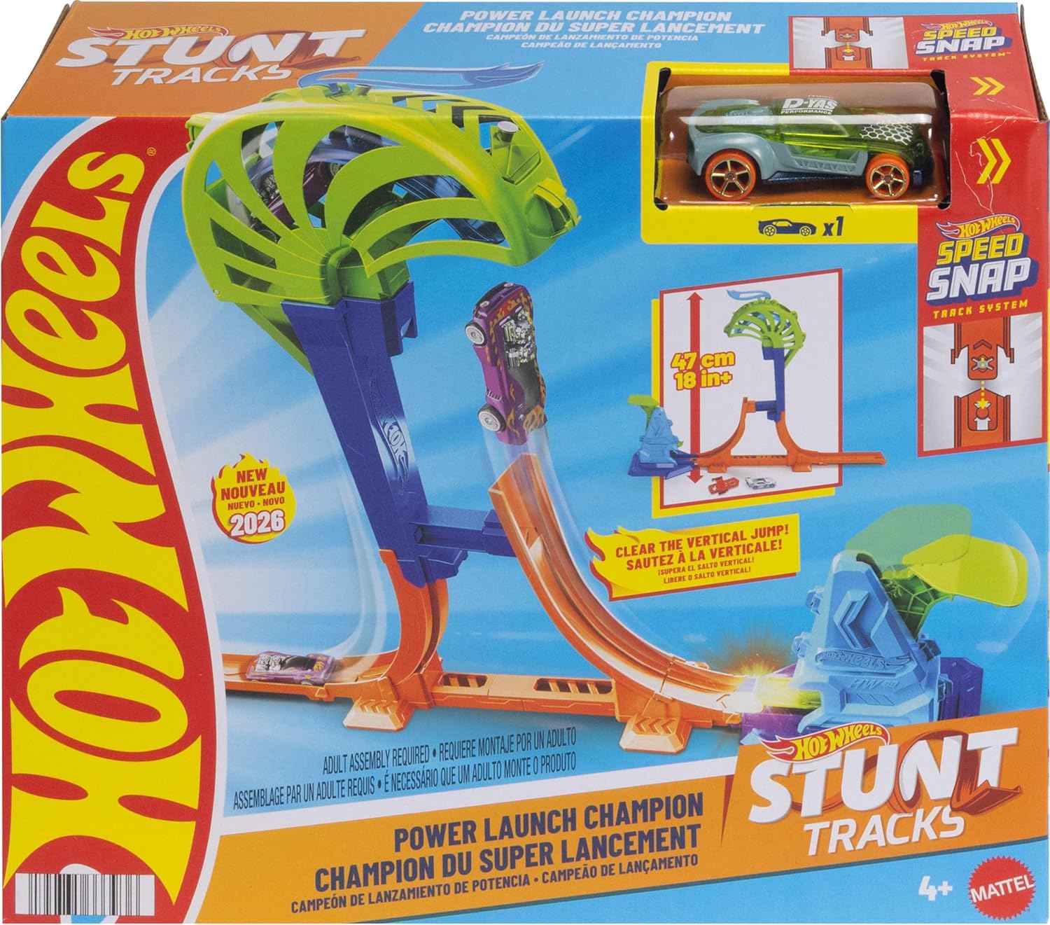 Hot Wheels Stunt Tracks Power Launch Champion Track Set &amp; 1:64 Scale Die-Cast Toy Car